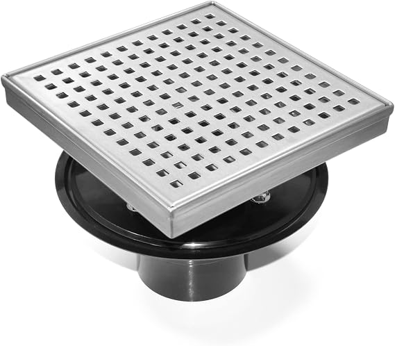 HEATGENE 6-Inch Square Shower Drain, Square Pattern Grate, Brushed
