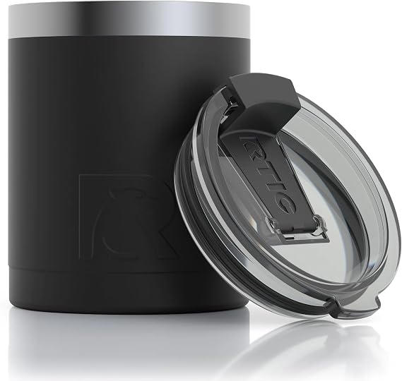 RTIC Lowball Tumbler with Splash Proof Lid, 12 oz, Black, Insulated Travel Stainless Steel Coffee Mug, Sweat Proof, Keeps Hot& Cold Longer