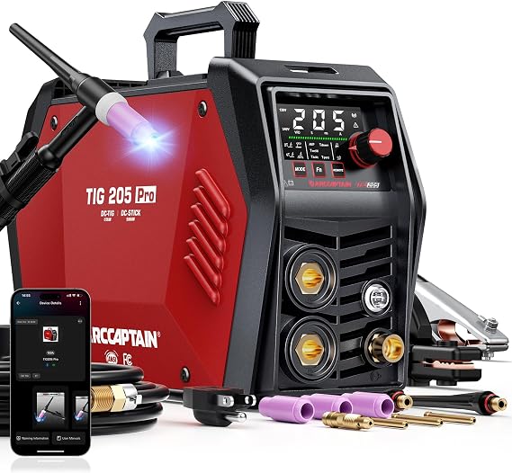 ARCCAPTAIN TIG 205 Pro Welder, 5 In 1 Welding Machine, 120/240V | APP Conrtrol / DC TIG, Cold TIG, Cold Sport TIG, MMA / 2T 4T / LED Dispaly / Supports 5-Pin Foot Pedal / Smart Fan