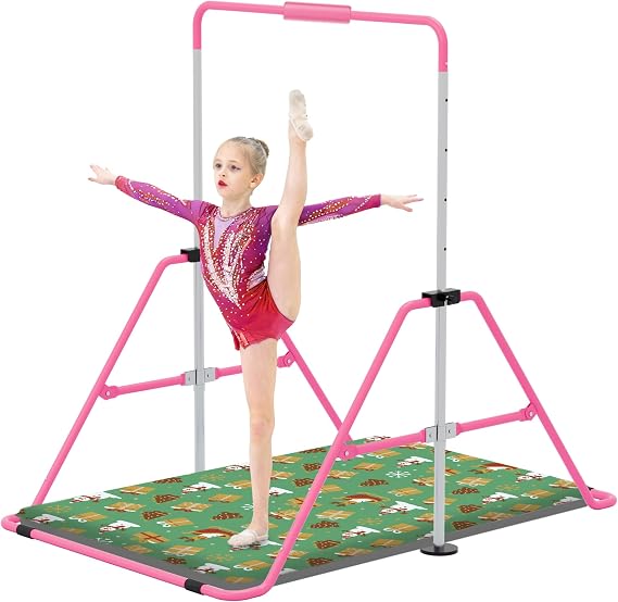 Gymnastics Bar with Self-Inflating Mat for Kids, Adjustable Height Gymnastic Horizontal Bars with Mat, Folding Gymnastic Training Monkey Bars, Junior Expandable Training Kip Bar for Home