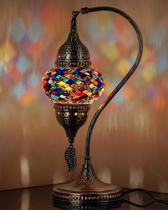 DEMMEX Turkish Moroccan Table Lamp, Swan Neck Tiffany Style Mosaic Glass Table Desk Bedside Lamp for Bedroom, Living Room Handcrafted in Turkey, Multicolor