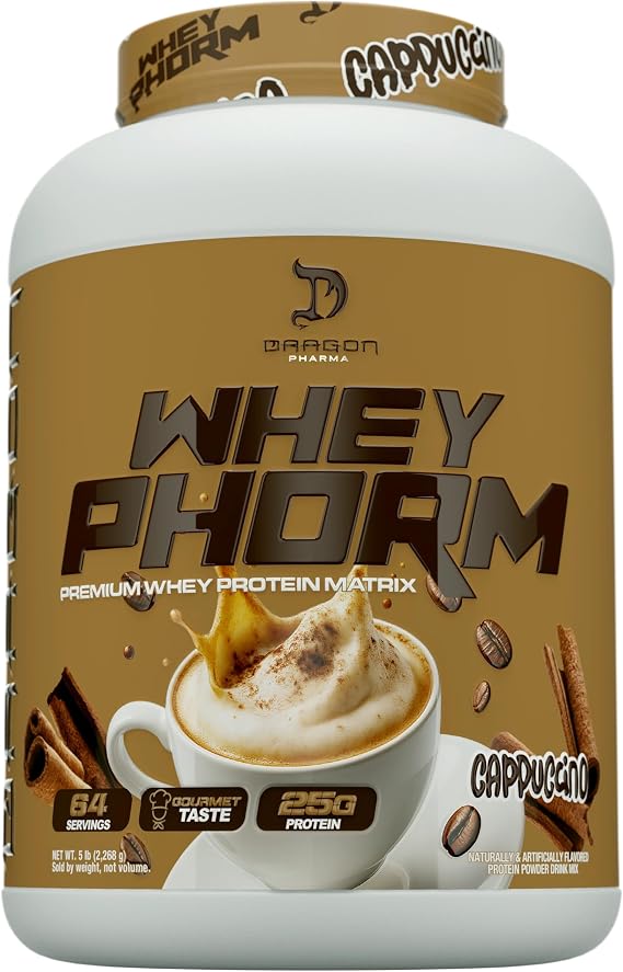 DRAGON PHARMA WheyPhorm, Whey Protein Blend, Fast Absorption, Gluten Free, Premium Whey Protein Matrix, Maximize Recovery, Great Tasting, 25 Grams of Protein (5lb, Cappuccino)