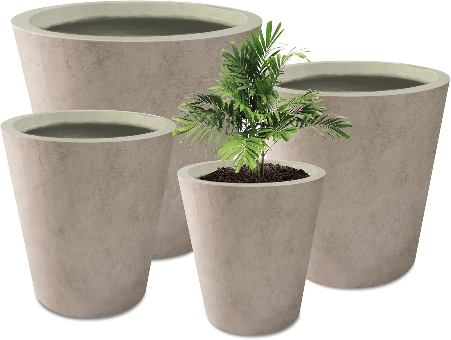 Kante Round Tapered Concrete Planters Set of 4, 21.7,18.3,15.3,12.4 Dia Garden Pot with Drainage Hole and Rubber Plug for Indoor Outdoor Plants, Decor for Home Garden Patio, Weathered Concrete