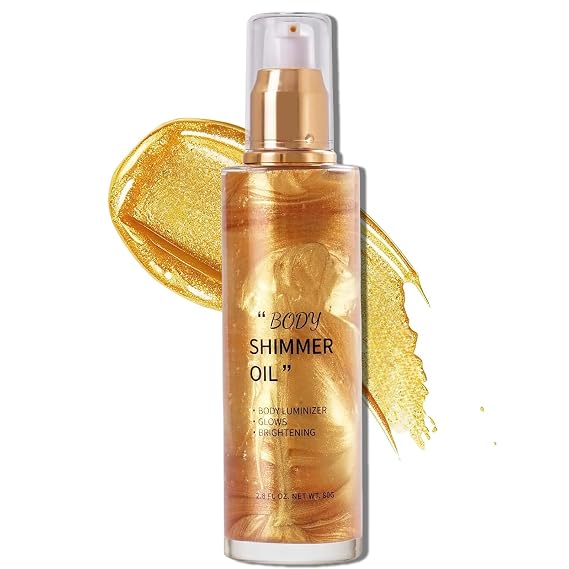Body Shimmer Oil, Glow Glitter Oil, Face Glow Highlighter Illuminator, Shine Glitter Liquid Tanning for Radiant Skin, Body Makeup,Beach Essentials (2# Gold)