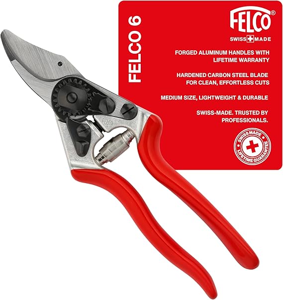 Felco F6 Pruning Shears 7.7" Swiss-Made Garden Clippers for Medium Hands | Hand Pruners for Gardening | Garden Tool Cutter with Precision Bypass Blade, Forged Aluminum Handles, Replaceable Parts