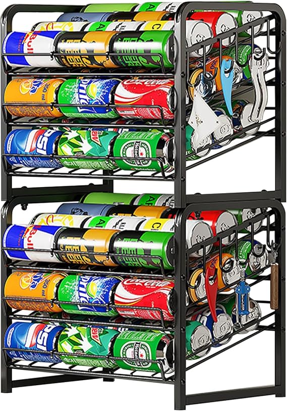 6-Tier Stackable Can Rack Organizer for Pantry, Up to 60 Cans, 2 Pack | Adjustable Can Dispenser, with 12 Hooks, Can Storage Holder for Various Ounces of Canned Food Soda Drinks, Black