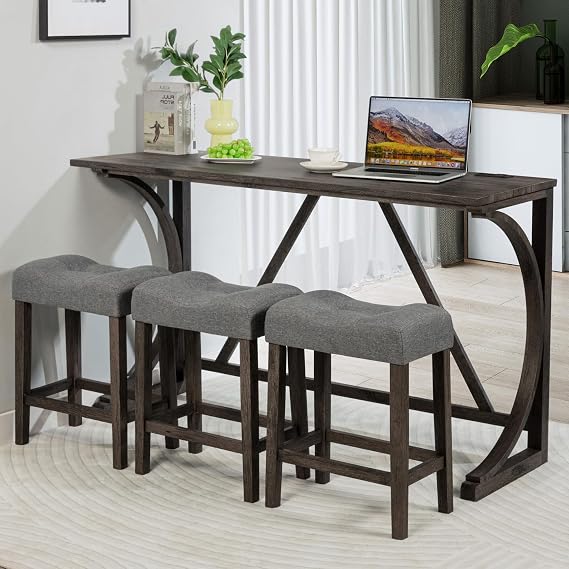 4 Piece Dining Table Set, Counter Height Kitchen Table with 3 Padded Saddle Seat Stools and Power Outlet,Kitchen Bar Height Table and Chairs for Dining Room, Small Space, Apartment