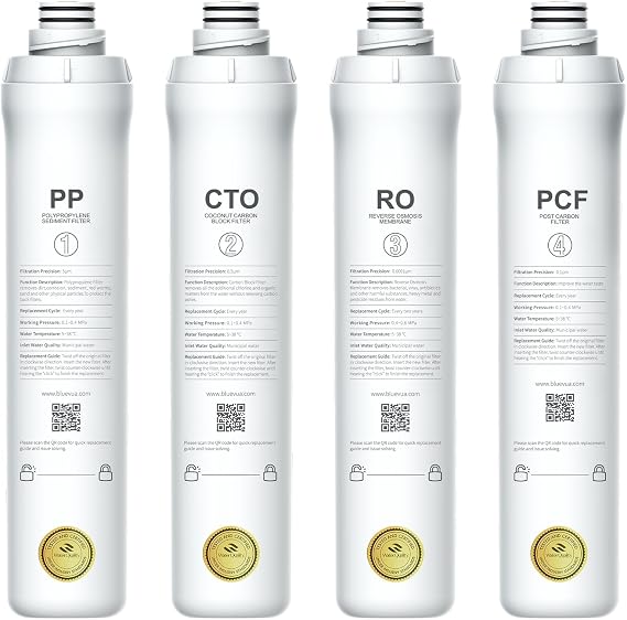 Bluevua Official RO100ROPOT 4-Pack Replacement Filter Set, Pack of 1 PP Filter and 1 CTO Filter and 1 RO Filter and 1 PCF Filter, Bundle