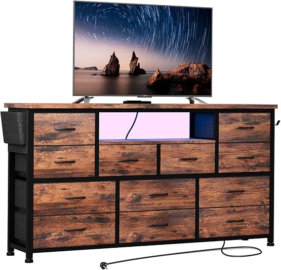 LIVEHOM Dresser TV Stand with Power Outlet & LED for 45'' TV, Long Dresser for Bedroom with 12 Drawers, Wide Console Table for Storage in Closet, Living Room, Entryway, Wood Top