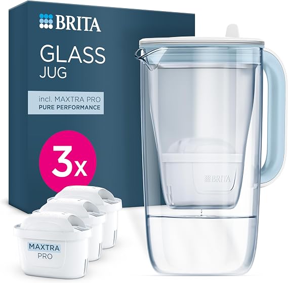 BRITA MAXTRA Glass Water Filter Jug, 3x Pure Performance cartridges | Light Blue (2.5L) Premium Glass Pitcher with easy-filling Flip-Lid & Smart Light LTI - reducing PFAS, chlorine, metals & more