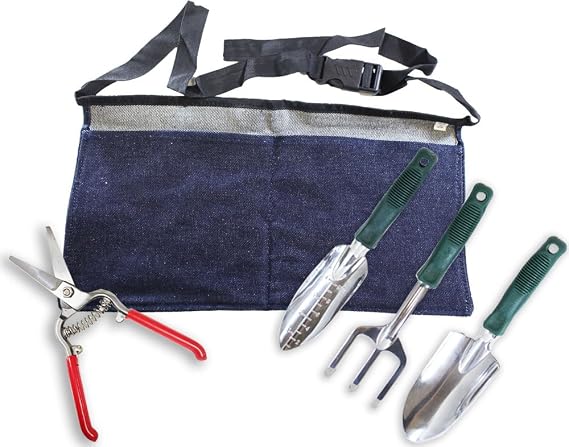 HOMEGARDEN Premier Garden Set | Durable Blue Denim Apron with Pockets | Chrome-Finished Aluminum Tools: Cultivator, Spade, Trowel | 8" (20.3 cm) Precision Pruning Shears with Safety Lock