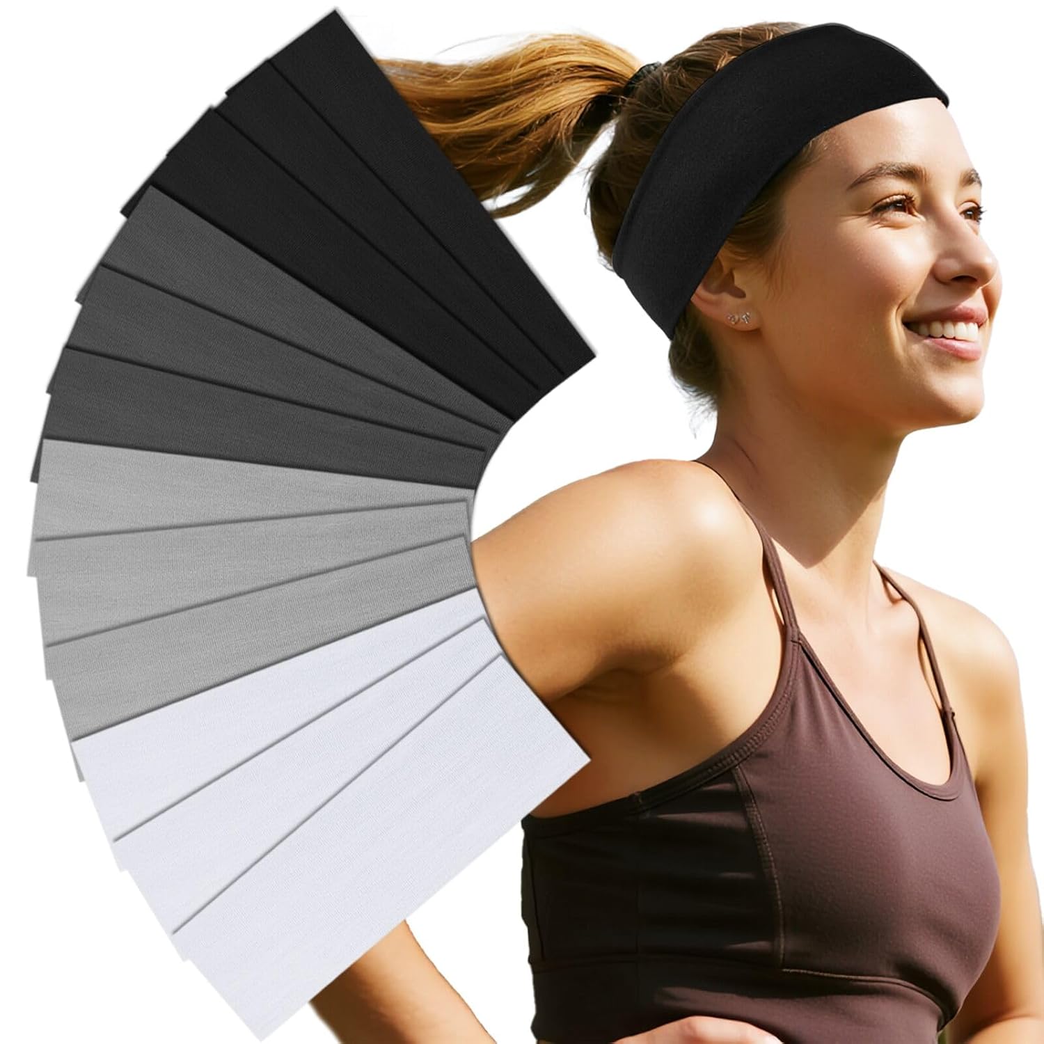 Headbands For Women 12 Pack Sweat Headband Yoga Black White Gray Elastic Head Bands Womens Hair Band Workout Hairbands Accessories