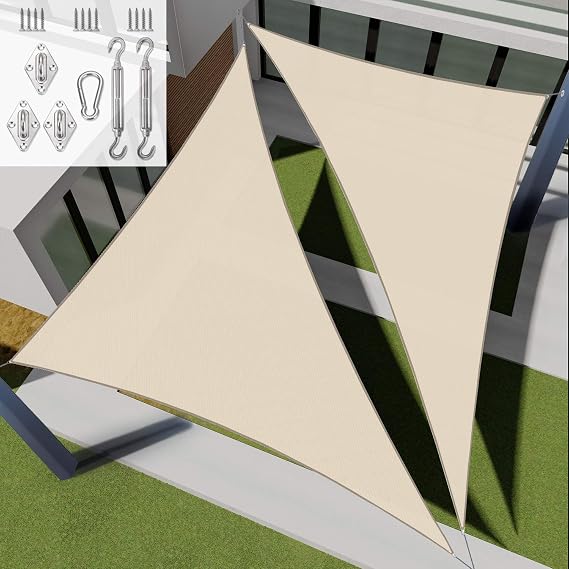 E&K Sunrise 5' x 5' x 7' Sun Shade Sail Right Triangle Canopy Shade Cover with Hardware Kit UV Block for Outdoor Pergola Patio Backyard Garden Deck (Beige)