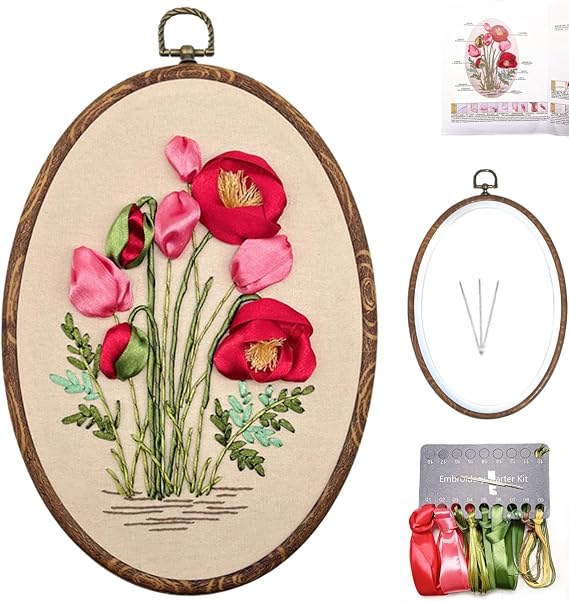 FONNUY Ribbon Embroidery 3D Flowers Pattern Design Kit Embroidery DIY Handwork Set Oval Home Decoration (Red Rose)