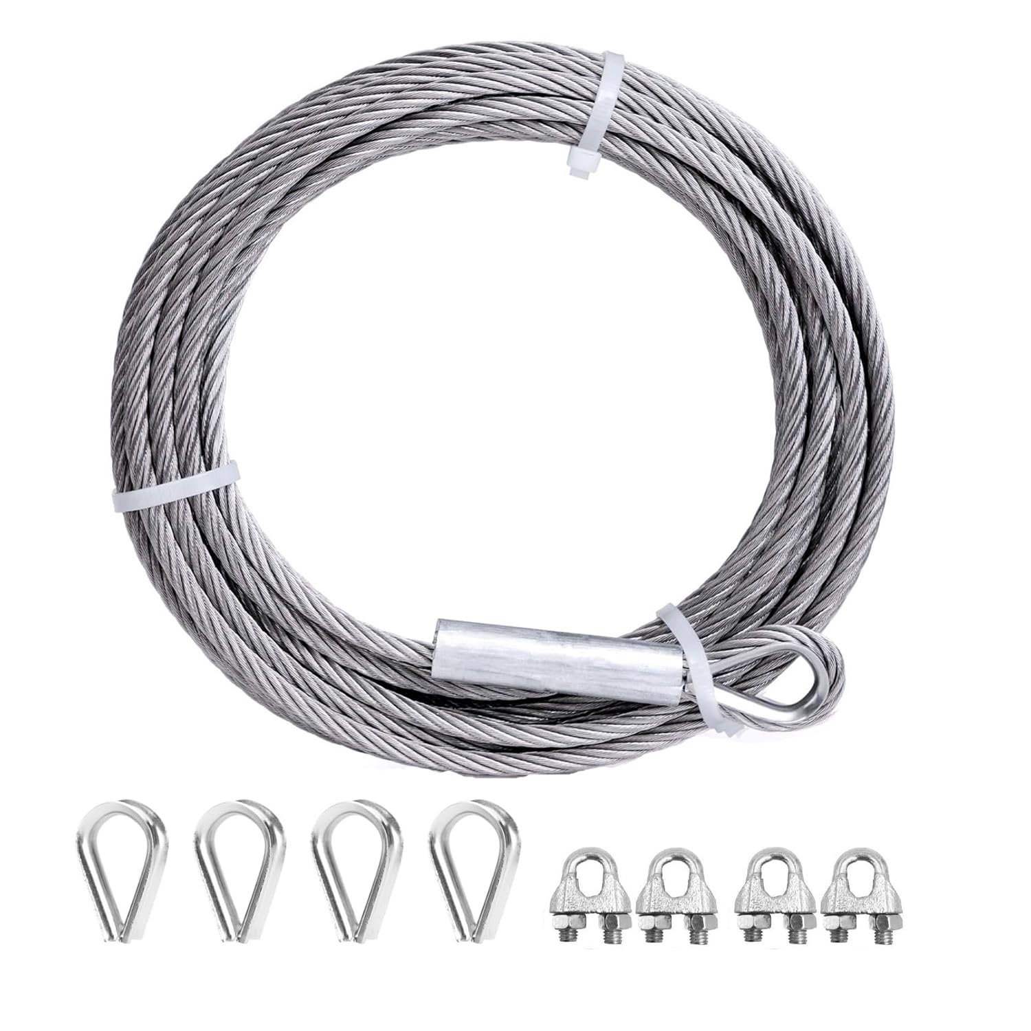 50Ft Steel Cable, 146mm 7x19 Strand Heavy Duty Wire Rope with Loops with Clamps and Thimbles for Zipline, Fencing, Sunshade, Deck Railing