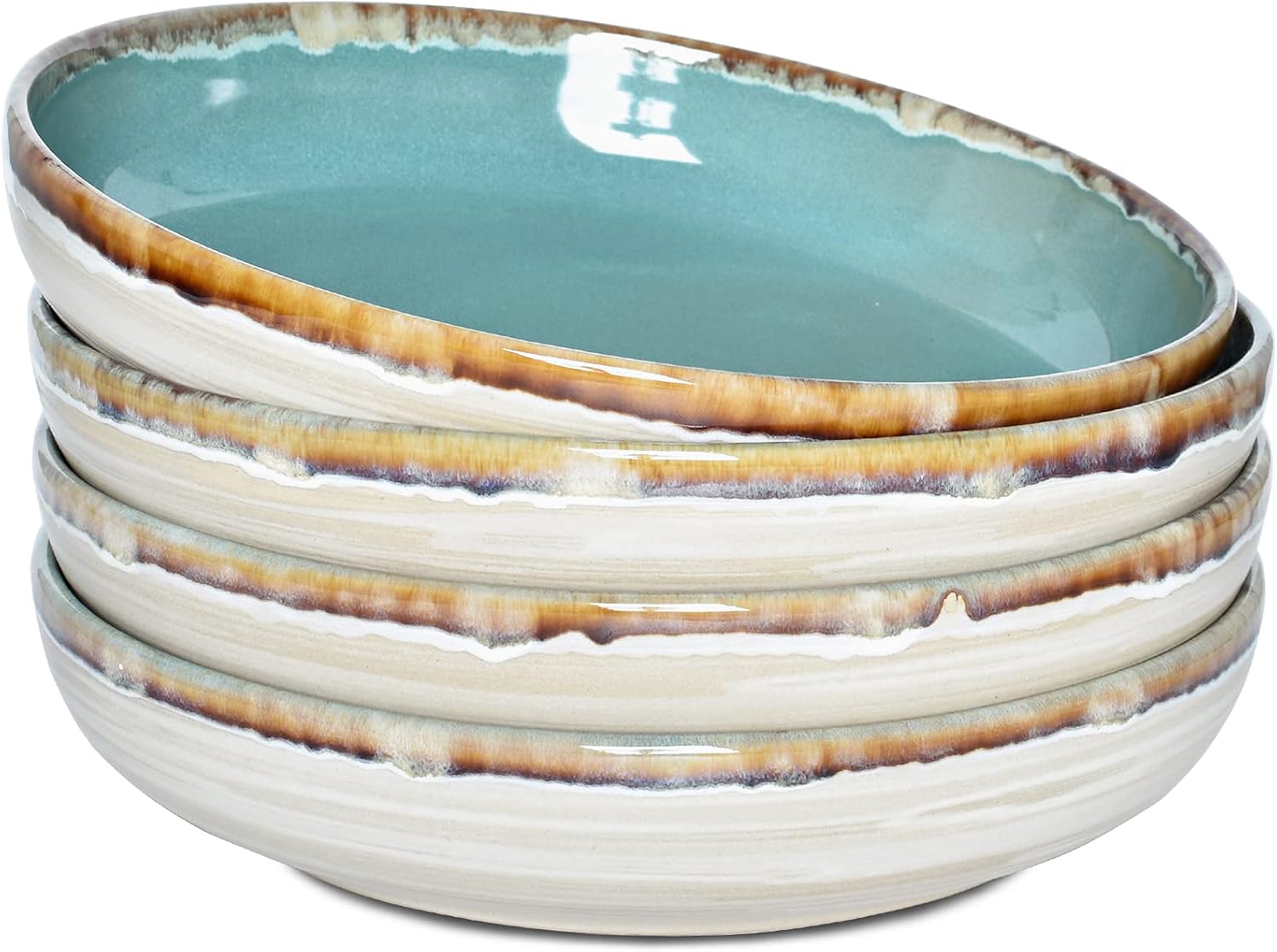 Bosmarlin Stoneware Large Pasta Bowls, 40 Oz, Set of 4, Big Salad Bowls, Microwave and Dishwasher Safe Turquoise Green, 9.3 in