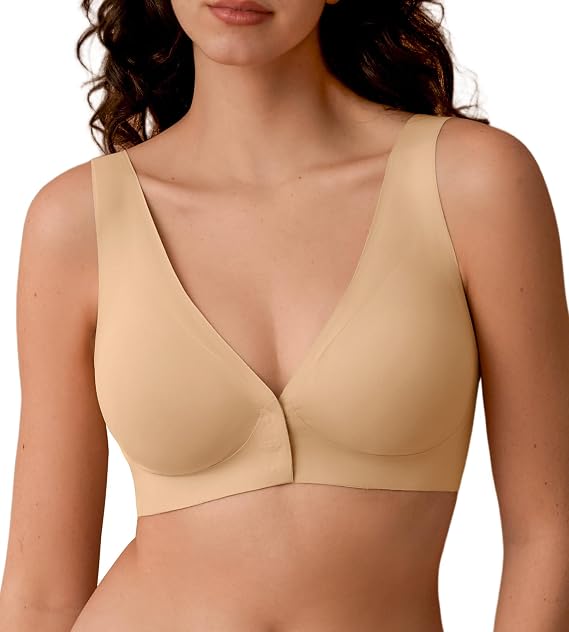 Front Closure Bras for Women - Wireless Deep V Plunge Seamless Padded Bras Comfortable Soft Mastectomy Bra No Underwire Nude XL