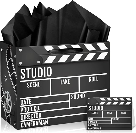Movie Theme Gift Bag with Greeting Card & 3 Sheets Tissue Paper,Directors Clapboard Treat Bag for Cinema Film Director Awards Night,Senior Night,Theater Party Decorations,Movie Star Theme Birthday Goodie Bag