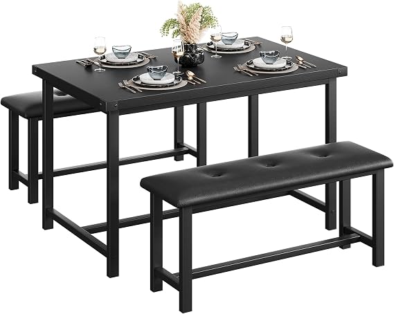 Dining Table Set for 4, Kitchen Table with Benches, Rectangular Dining Room Table Set with 2 Upholstered Benches, 3 Piece Dining Table Set for Small Space, Apartment, Studio, Retro Black