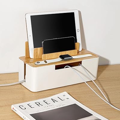 Catekro Cable Management Box with Bamboo Lid Cell Phone Tablet Holder Plug Data Cable Storage Charging Organizer Charger Cord Box for Home and Office Electrical Plug Storage White