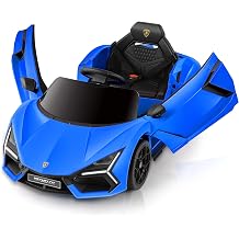 ELEMARA Licensed Lamborghini Ride On Car,12V Electric Cars for Kids with Scissor Door, Electric Ride On for Kids with Remote Control,Bluetooth,LED Light,MP3 Player and Wide Seat, Blue