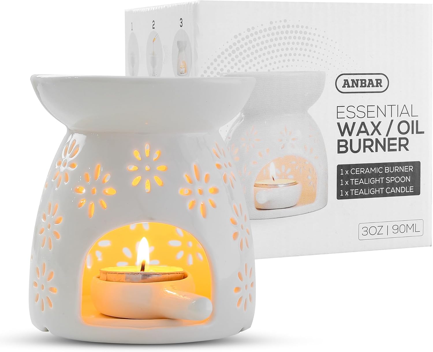 Anbar Star Flower Pattern Ceramic Oil Burner with Tealight Holder &amp; Candle, 90ml Bowl, Glazed Finish, Aromatherapy Wax Warmer Diffuser, Bedroom Decor for Home Relaxation 1