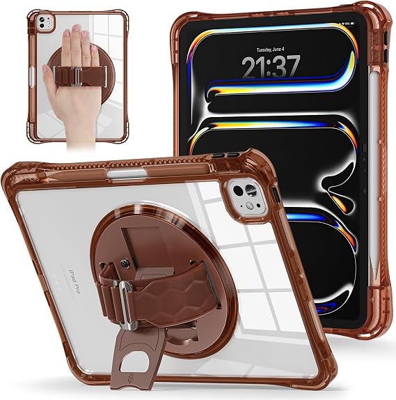 Tablet Cover Case for iPad Pro 11 Inch 2024 M4 (5th Generation) with Pencil Holder, Sturdy Full-Body Shockproof Protective with Rotating Stand, Hand/Shoulder Strap(Chocolate)