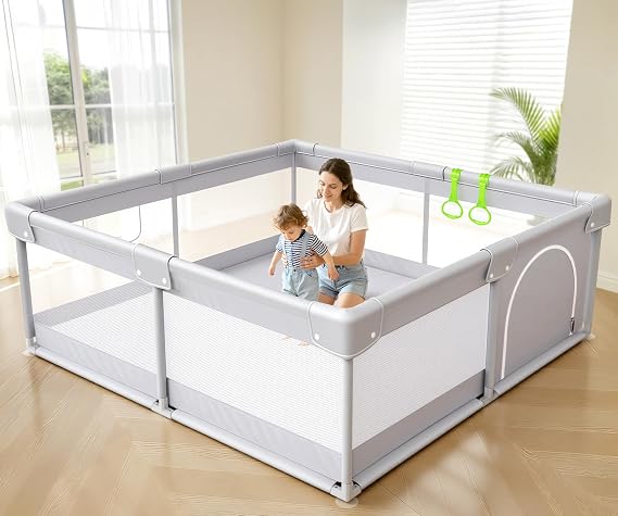 Fodoss Baby Playpen, 4747in Playpen for Babies and Toddlers with Door | Baby Play Yard for Indoor & Outdoor, Soft Breathable Mesh, BPA-Free Oxford Fabric, Anti-Slip Suction Cups, Pull Rings