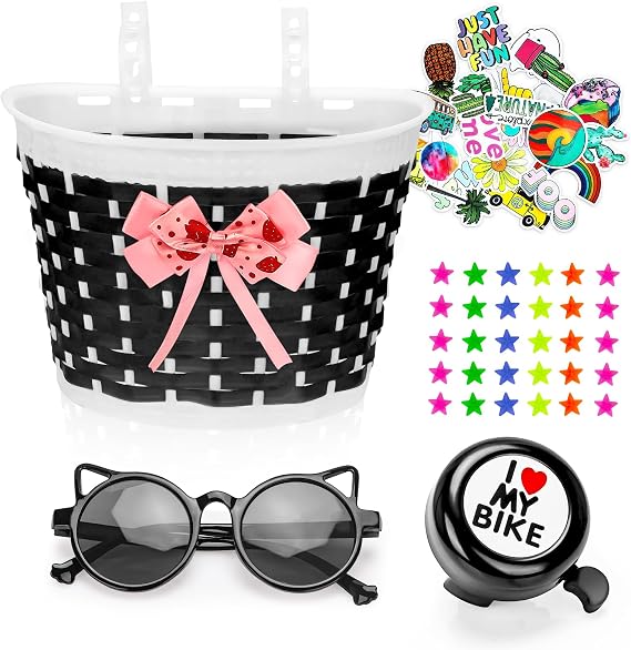 Kids Basket for Girls Boys, Bicycle Accessories with Bell Stickers Wheel Spokes Riding Sunglasses, Bike Decorations