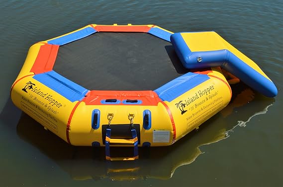 Island Hopper 10' Bounce N Splash Padded Water Bouncer with Slide Water Park Durable Inflatable Trampoline Spring-Less Design with Foam Padding Water Trampoline for Lake - Supports 300 lbs