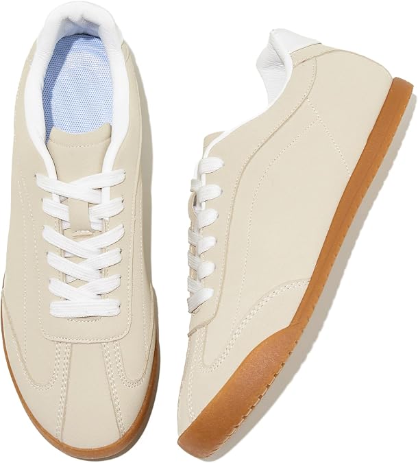 Adokoo Women's Fashion Sneakers PU Leather Black Brown Casual Shoes Womens Lace Up Low Top Walking Shoes(Apricot US 9)
