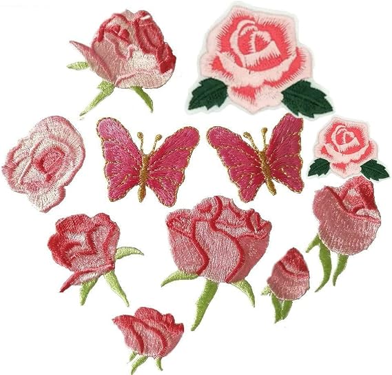 11pcs Small Rose Flower Butterfly Embroidery Iron On Patches (Pink C)