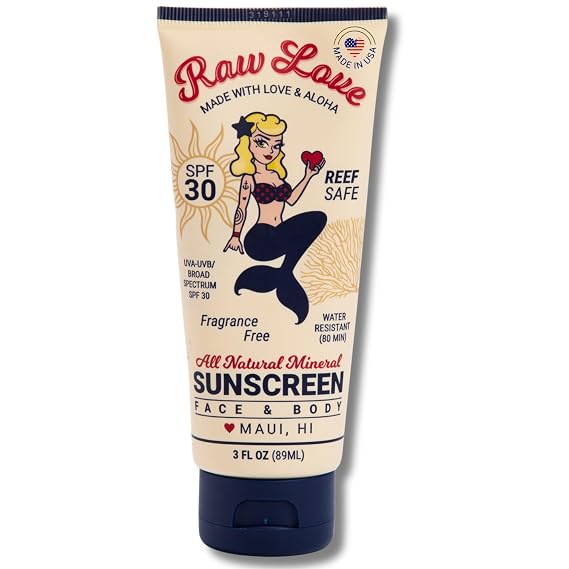 Raw Love Mineral Sunscreen Lotion for Face & Body | Reef Safe for Adults and Kids | Zinc Oxide, Water Resistant, Broad Spectrum UVA/UVB SPF 30 Protection for Sensitive Skin | 3oz