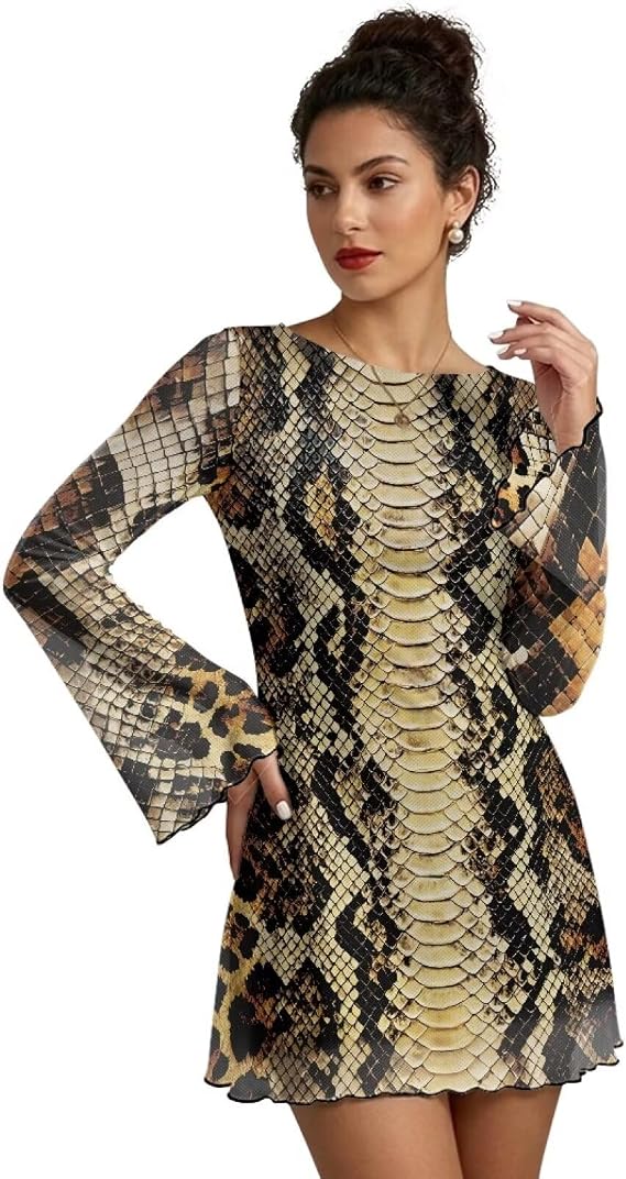 Women Bodycon Mesh Mini Dresses Bell Long Sleeve Going Out Dress Short Elegant Club Cocktail Party Dress S-2XL