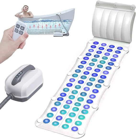 New Bubble Bath Mat with Colorful Lights, 93 Powerful Jets, 6-Level Remote, USB Port, Portable Spa Mat for Bathtub Relaxation