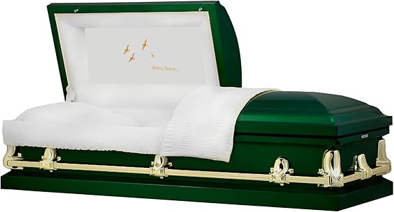 Titan Casket Orion Panel Collection (Hunter Green, Going Home) Handcrafted Funeral Casket - Made in USA - Hunter Green with White Crepe Interior & 'Going Home' Head Panel