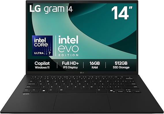 LG gram 14Z90T - 14 Inch FHD+ IPS Ultra-Lightweight Laptop, Intel Core Ultra 7 255H - EVO Edition, 16GB RAM, 512GB SSD, Windows 11 Home, gram Hybrid AI, Copilot, Black (2025)