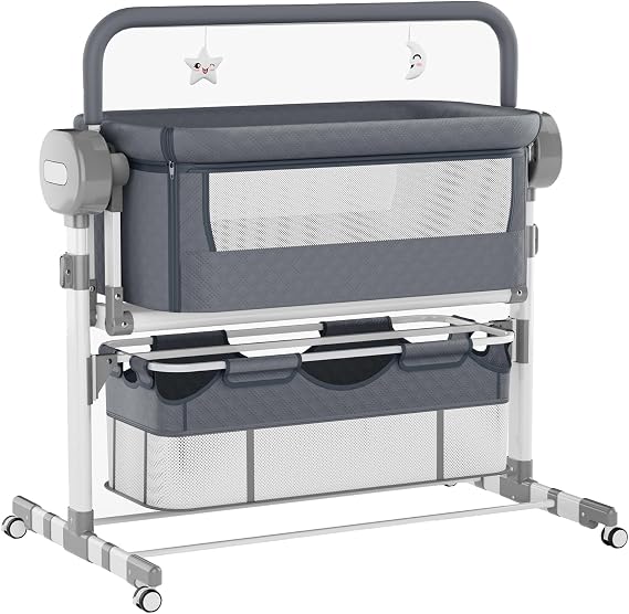 Next to me Crib Baby Bassinet Self Rocking BT Music | Adjustable Height, electric, includes mattress, mosquito net, storage bag, wheels, breathable mesh