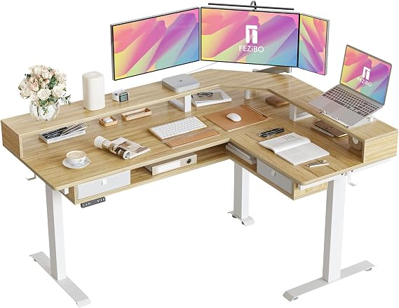 FEZIBO L Shaped Standing Desk with LED Strip & 2 Drawers, Triple Motors Supports Over 300lbs, Upper and Lower Storage Shelves Available, Electric Height Adjustable, for Home Office, Natural