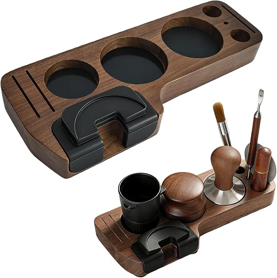 Espresso Tamping Station, Coffee Tamper Station Espresso Tamper Organizer, Coffee Tamper Holder Coffee Portafilters Stand Base for Espresso Machine Accessories (Walnut wood)