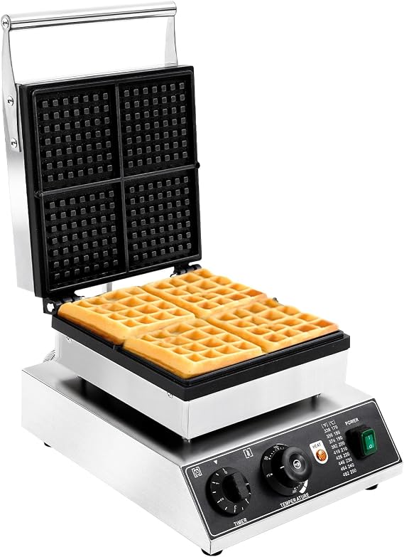 Commercial Waffle Maker, 1750W Stainless Steel Electric Waffle Iron Machine, Nonstick Waffle Maker for Kitchen Restaurant Bakery, Time & Temperature Control, 4 Slices W4.5in Waffle