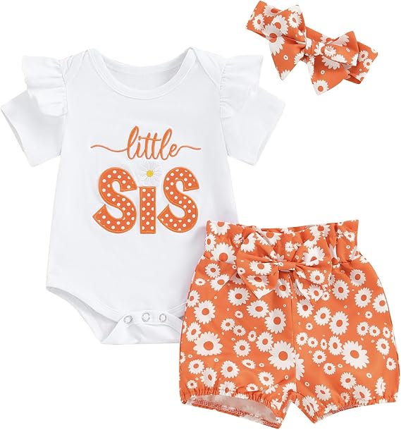 GOOCHEER Big Sister Little Sister Matching Outfits Toddler Baby Girl Romper Shirt Top Daisy Shorts Set Summer Clothes