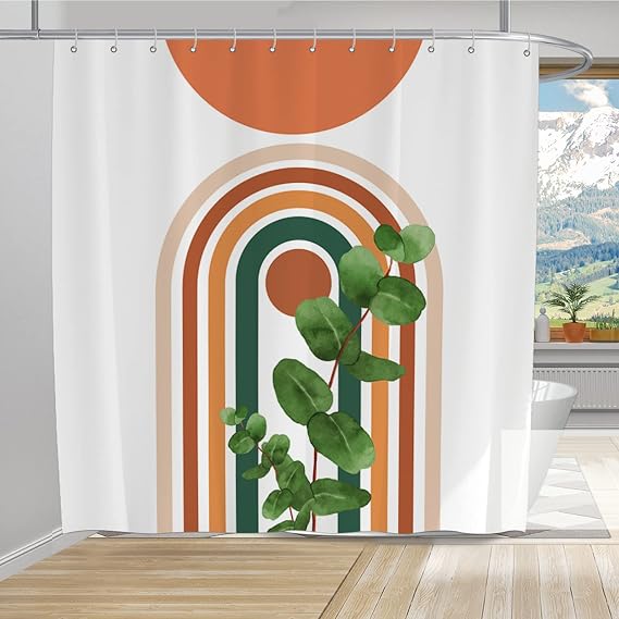 Boho Rainbow Shower Curtain, Mid Century Modern Sun Arch Eucalyptus Minimalist Bathroom Curtain Polyester Fabric 72"x72" Waterproof Washable with 12 Hooks