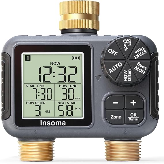 Insoma 2-Zone Sprinkler Timer Brass Inlet/Outlet, Water Hose Timer with Auto/Manual Modes + Rain Delay | Big LCD Dispay | Hose Timers for Garden, Yard Lawn, IPX5 Waterproof &amp; Save Water