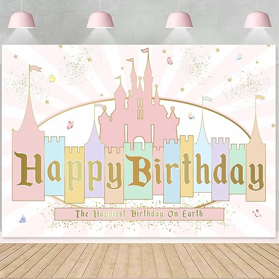 Princess Castle Birthday Decorations Backdrop Pastle Rainbow Stripes Pink Fairytale Castle Background Girls Gold Glitter Happiest Birthday On Earth Party Banner Photo Booth Props 7x5ft