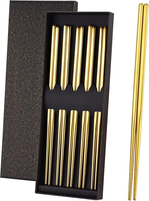 Gold Stainless Steel Chopsticks - Reusable Chopsticks - 5 Pairs Dishwasher Safe Metal Chopsticks - Easy to Use - Pressure Line Lightweight Chop Sticks- Gift Set(9 Inch )
