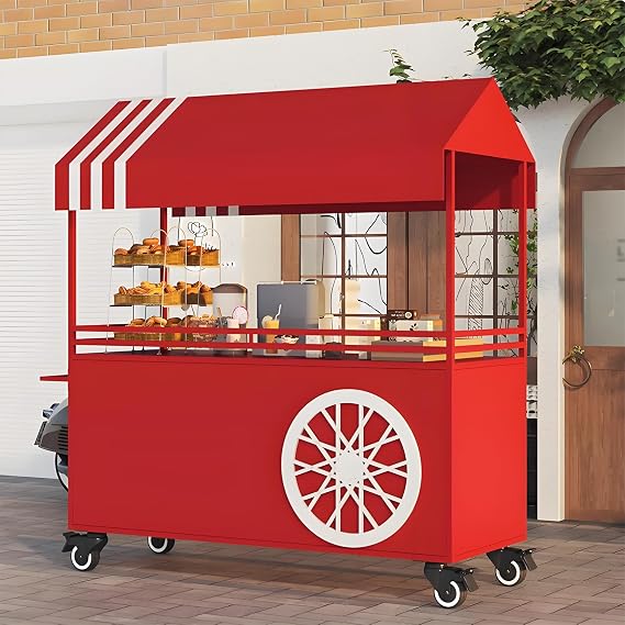 Portable Cart with Canopy, Outdoor Vendor cart, Mobile Food Display Stand with Lockable Wheels for Market, Street Food & Events (Red)