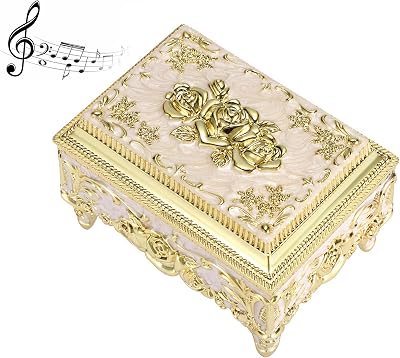 ELLDOO Vintage Music Box, Beige Metal Musical Jewelry Box Keepsake Box, Small Trinket Jewelry Storage Box Gift for Girl Women Tune: You are My Sunshine, Gold Rose Pattern