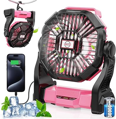 30000mAh Rechargeable Camping Fan with LED Lantern,Portable Battery Powered Outdoor Fan for Bedroom,Camping,Travel,Hiking,Beach,Office,Trave AccessoriesPink