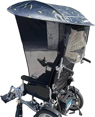 Electric Wheelchair Umbrella Canopy Awning, Adjustable Wheelchair Umbrella Sun Shade Rain Covers, Side Gauze Breathable, U-V Resistant Protection, Wheelchair Canopy Umbrella Stand for Most Wheelchairs